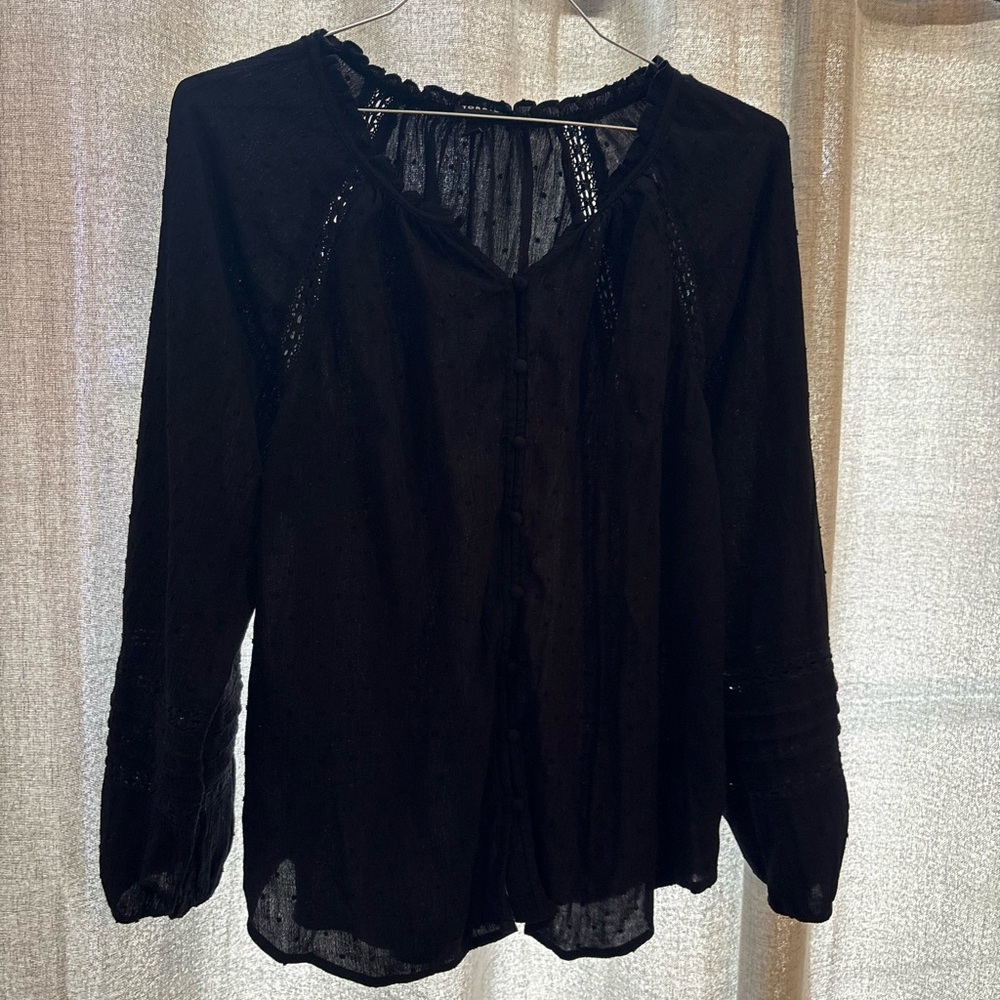 torrid Black Long-Sleeve Button Front Blouse with Crochet Detail